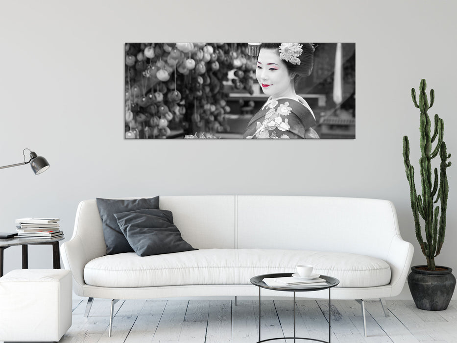 schöne Geisha mit Fächer, Glasbild Panorama