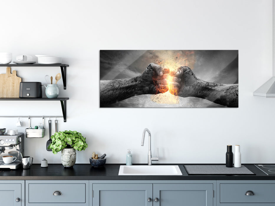 Fäuste mit Energie, Glasbild Panorama