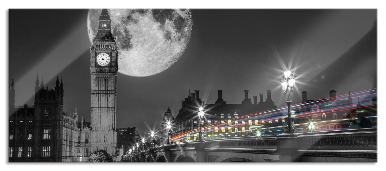 Pixxprint Big Ben mit Mond London, Glasbild Panorama