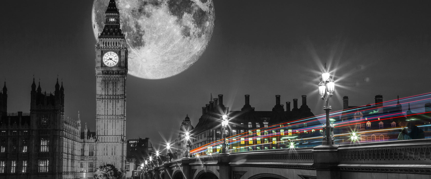 Big Ben mit Mond London, Glasbild Panorama