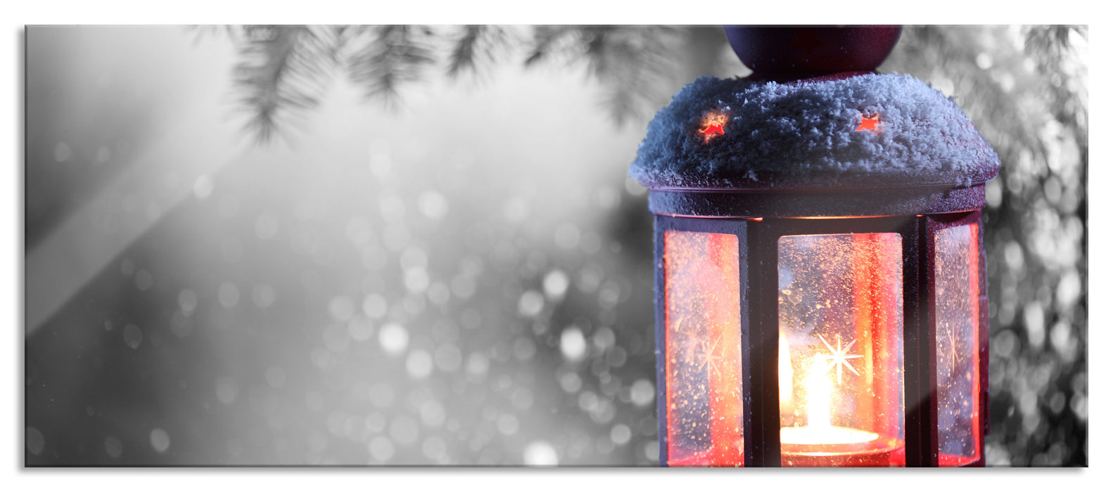 Pixxprint schöne Laterne im Winter, Glasbild Panorama