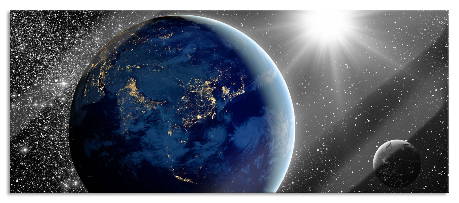 Pixxprint Erde mit Sonne im Weltall, Glasbild Panorama