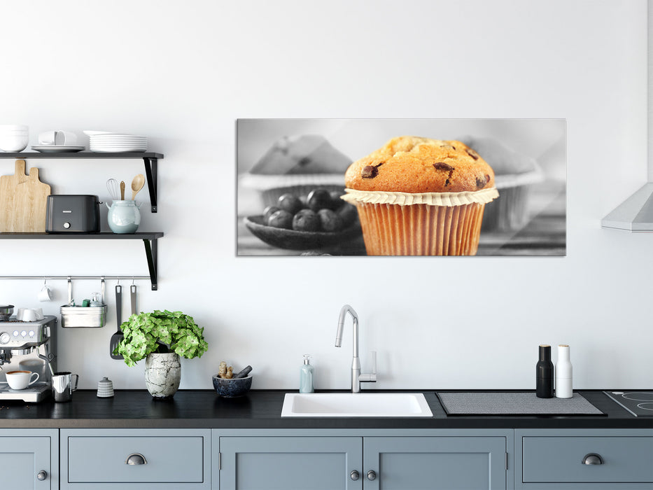 leckere Muffins mit Blaubeeren, Glasbild Panorama