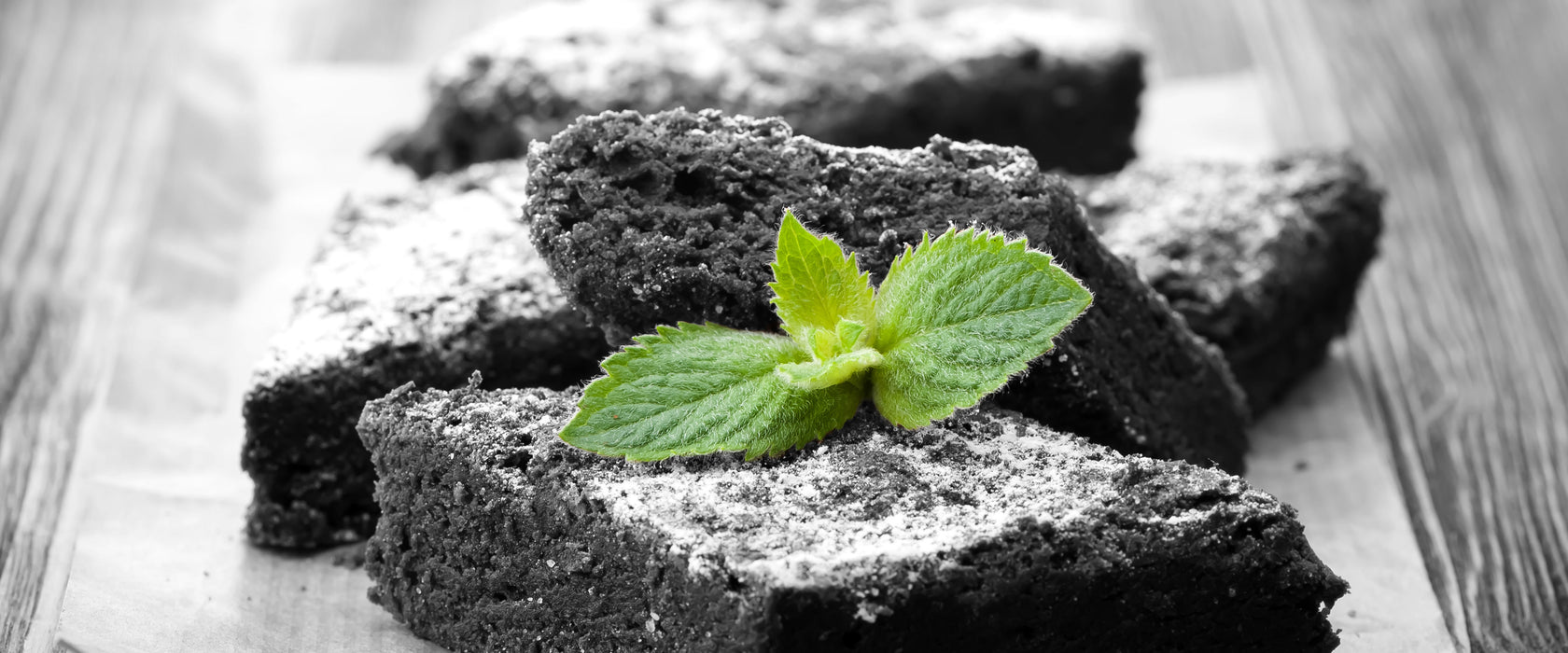 köstlicher Brownie mit Minze, Glasbild Panorama