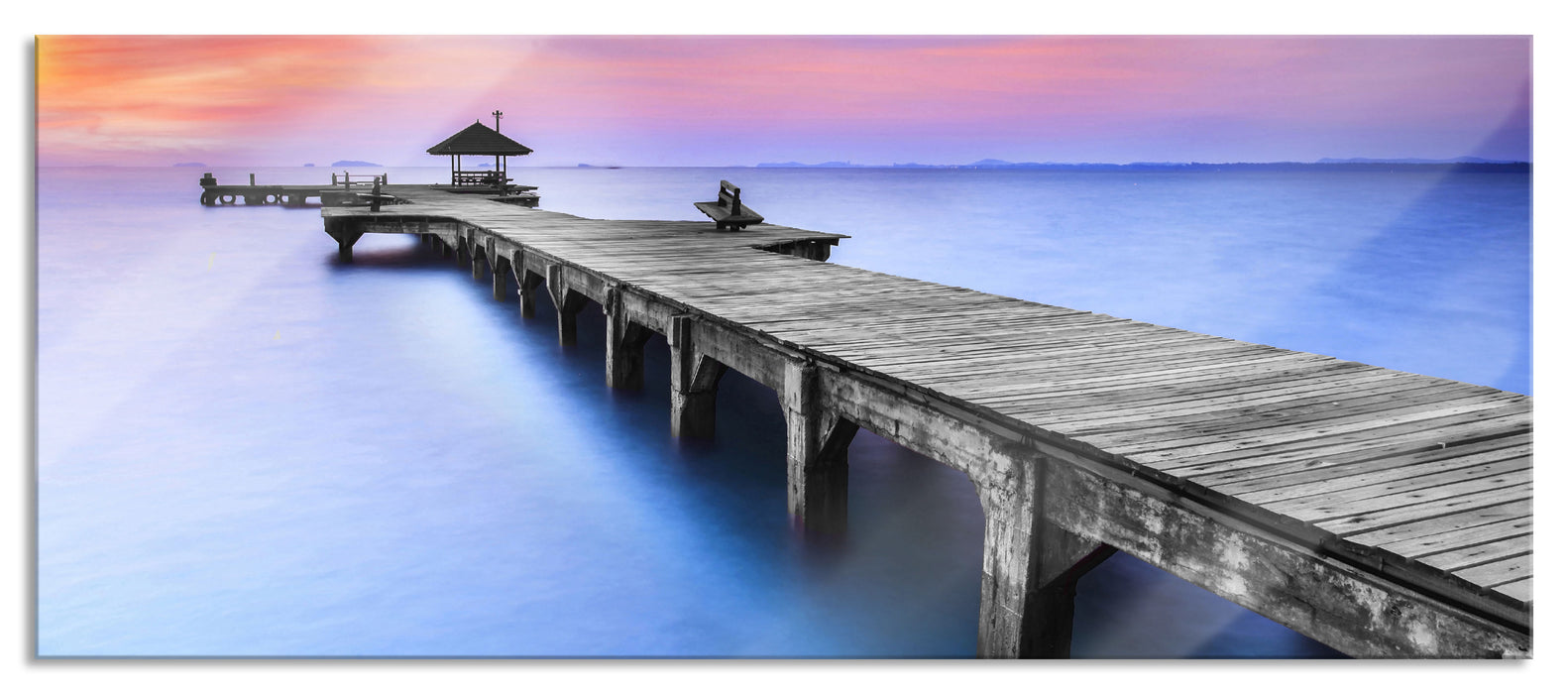 Pixxprint langer Steg mit kleinem Pavillon, Glasbild Panorama