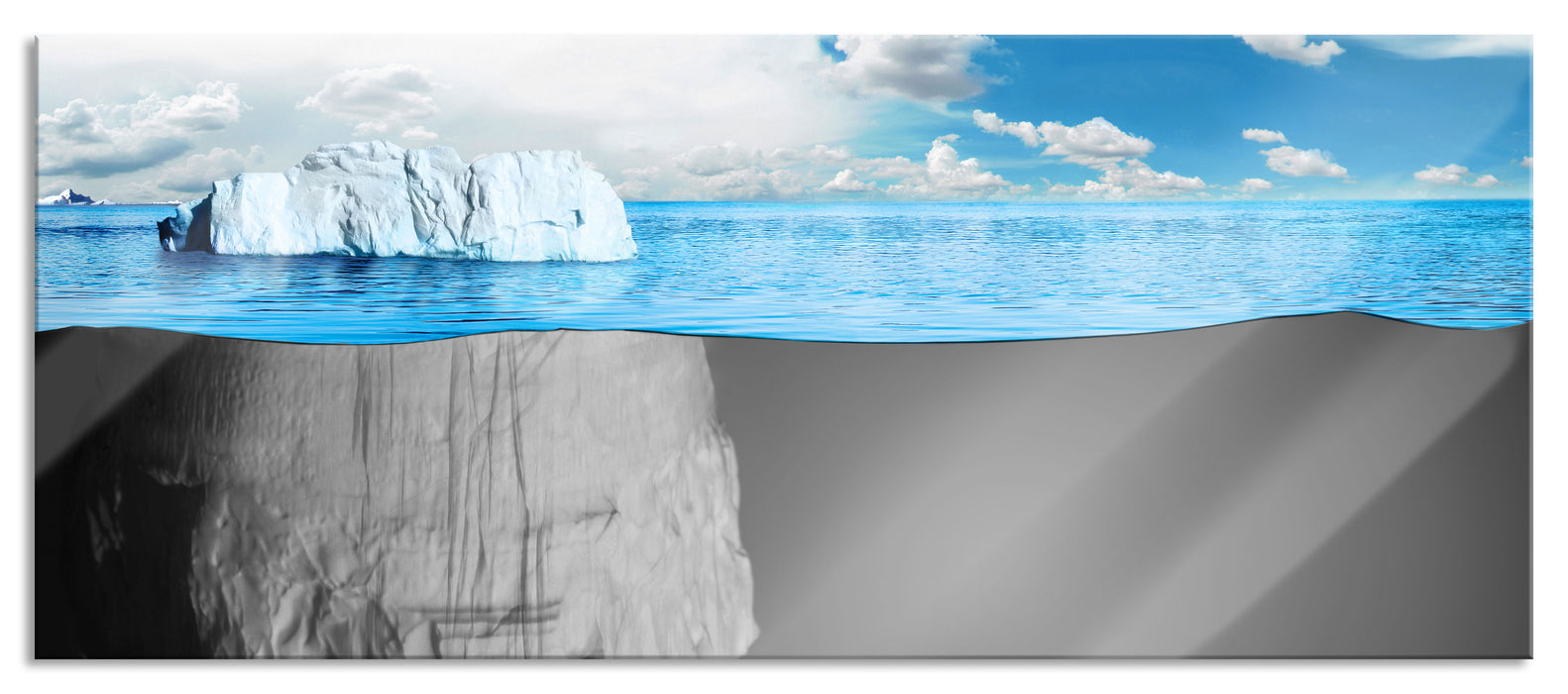 Pixxprint Eisberg im Wasser Illusion, Glasbild Panorama