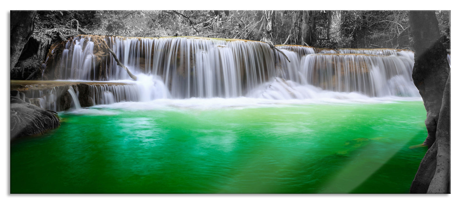 Pixxprint schöner Wasserfall im Dschungel, Glasbild Panorama