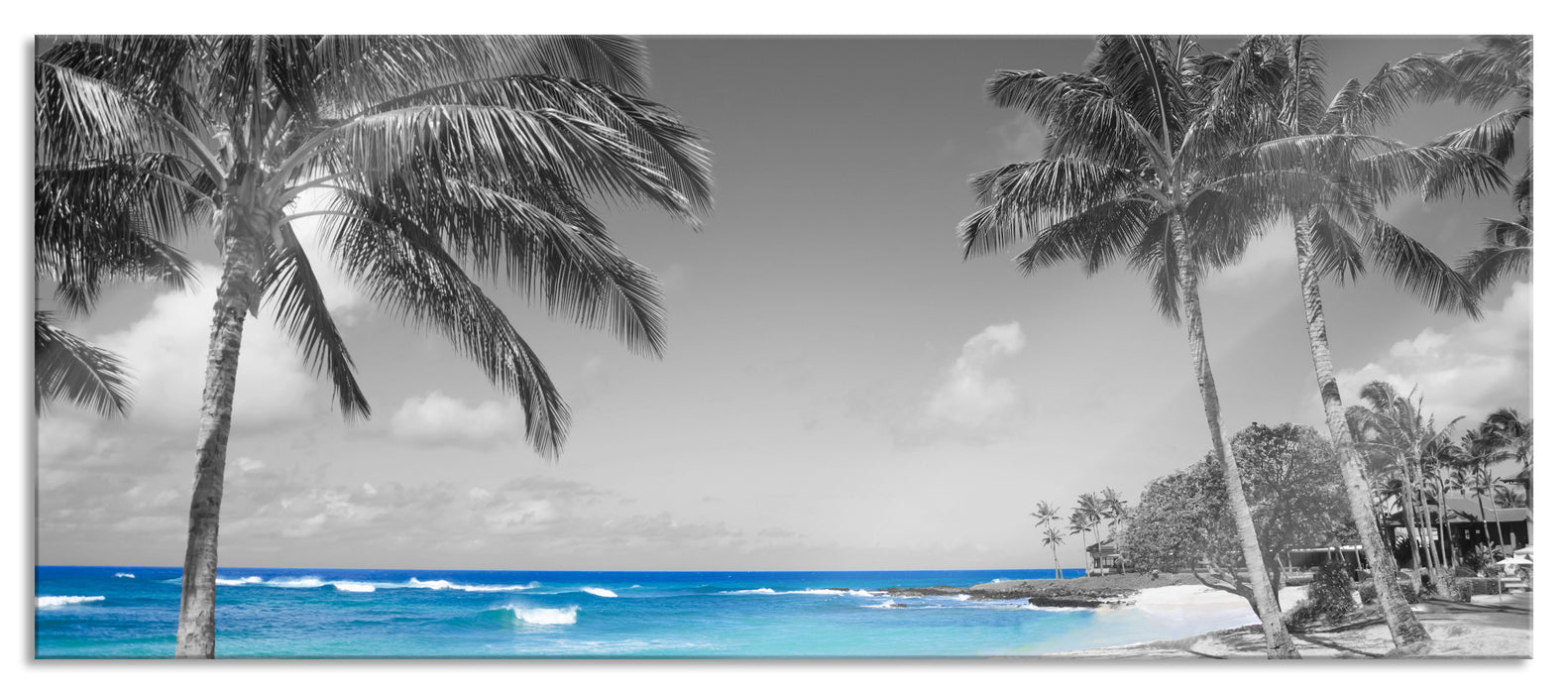 Pixxprint schöner Strand mit Palmen, Glasbild Panorama