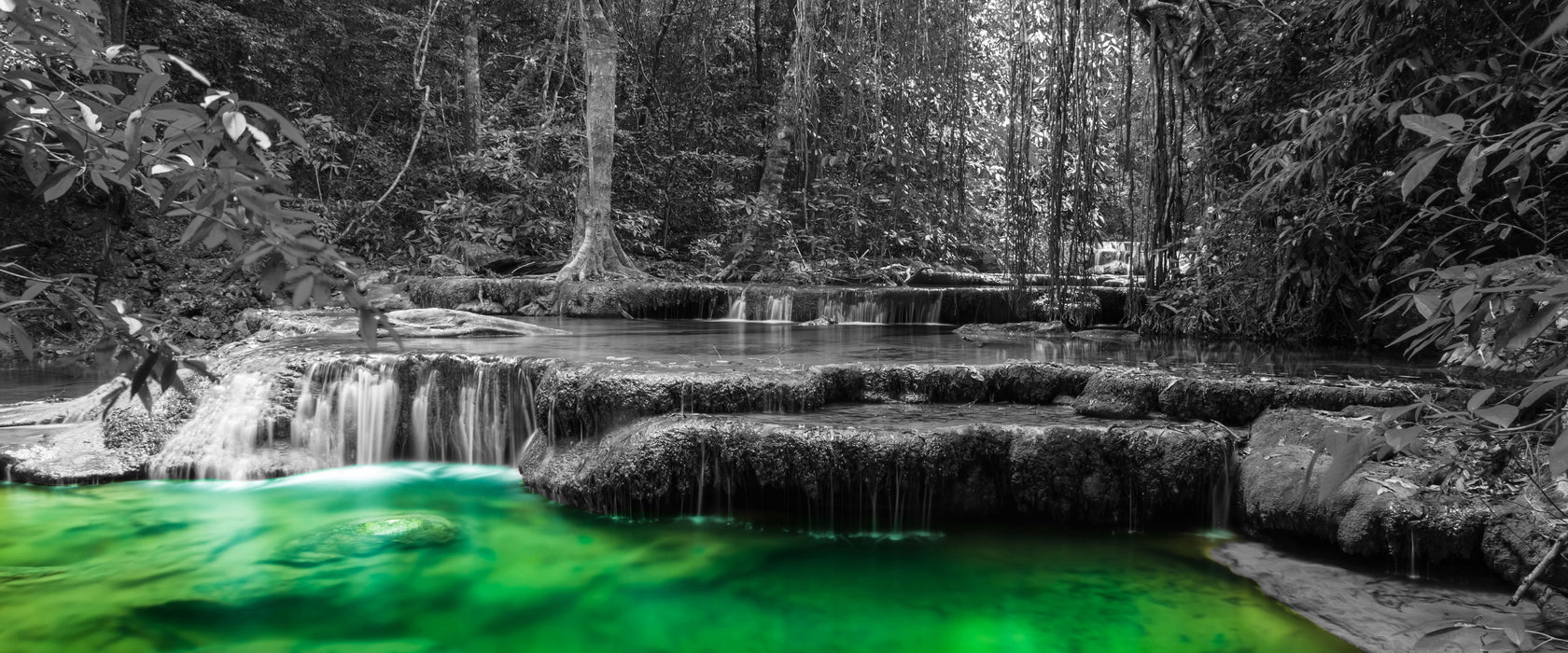 wunderschöner tropischer Fluss, Glasbild Panorama