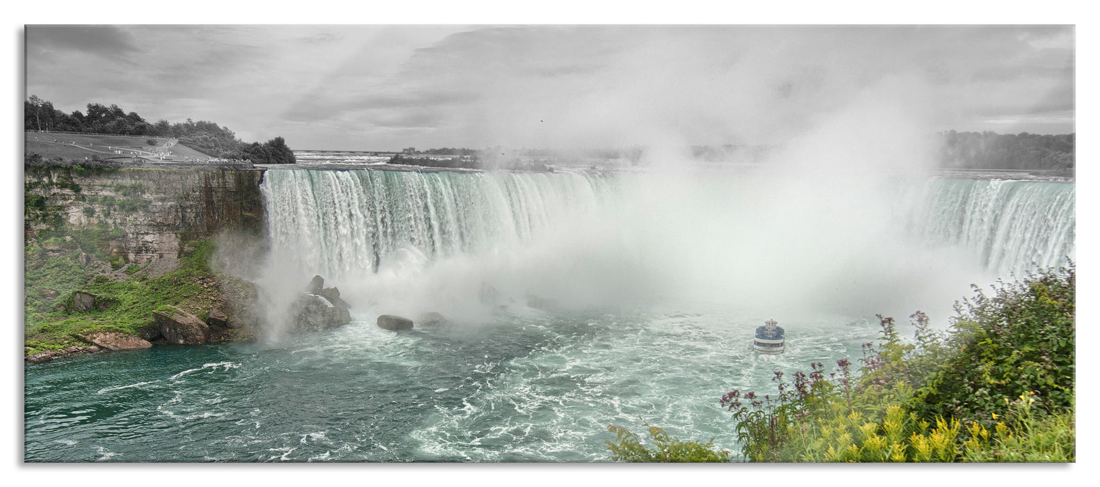 Pixxprint Niagara Fälle Schwarz/Weiß mit Effekt, Glasbild Panorama