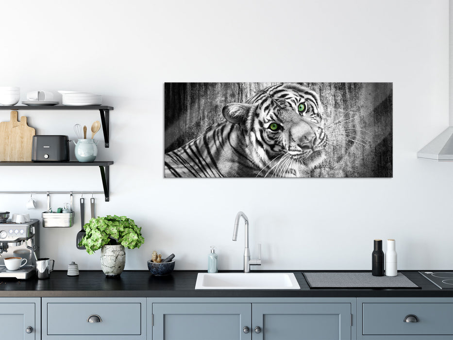 schöner neugieriger Tiger, Glasbild Panorama