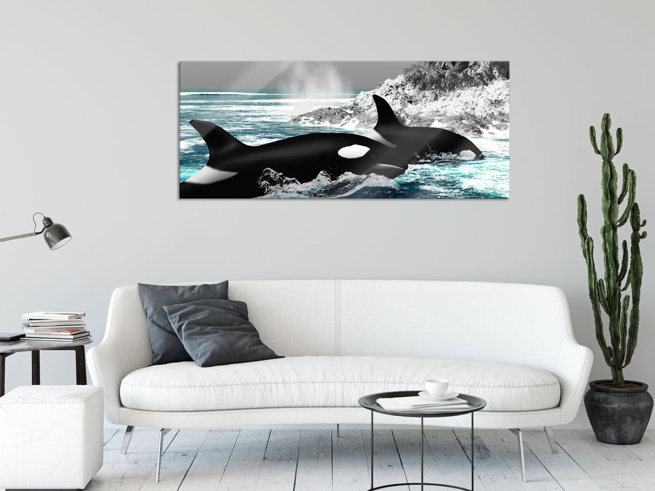 schöne Orcas vor Insel, Glasbild Panorama