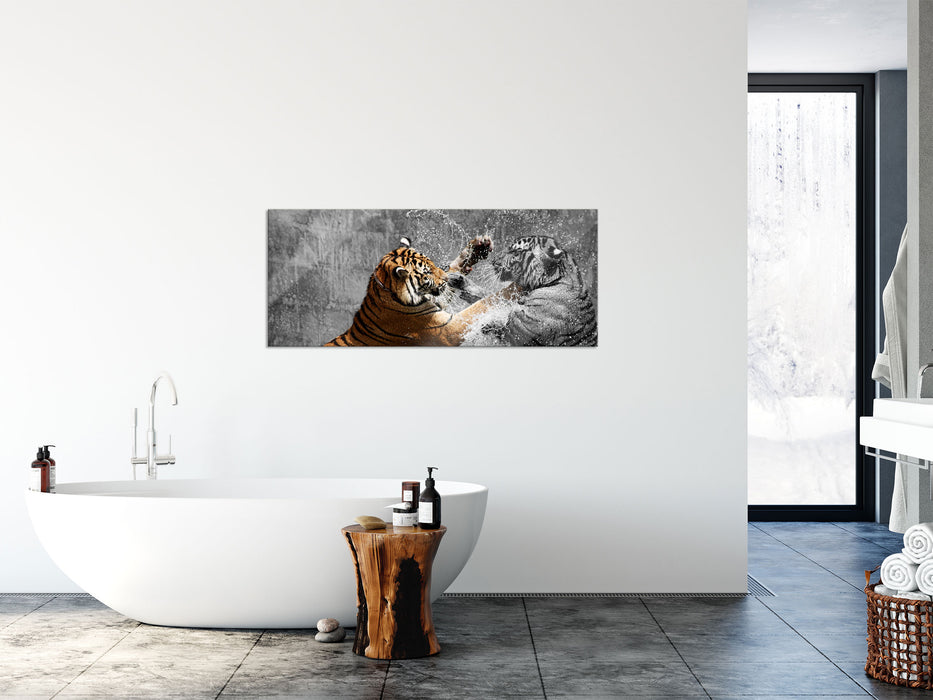 prachtvolle Tiger kämpfen, Glasbild Panorama