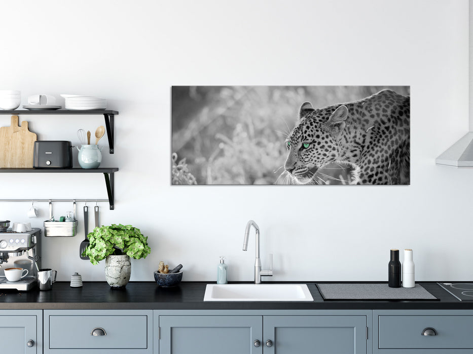 schleichender Leopard, Glasbild Panorama