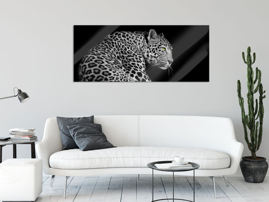 Dark wunderschöner Leopard, Glasbild Panorama