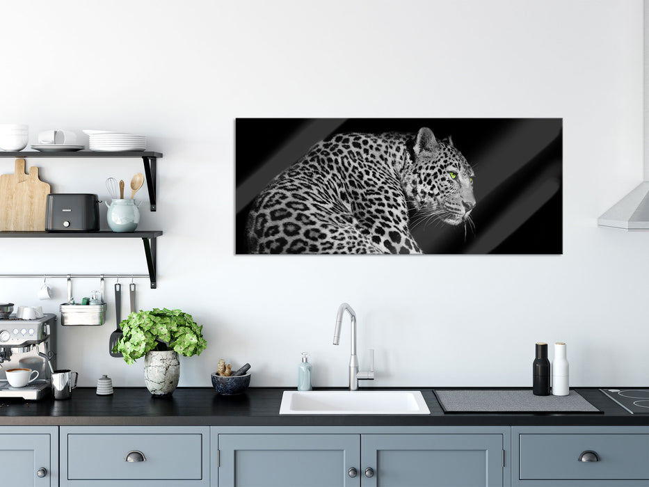 Dark wunderschöner Leopard, Glasbild Panorama