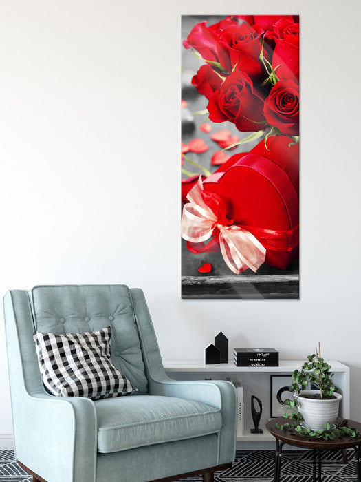 Valentinstag Rosen & Herz, Glasbild Panorama