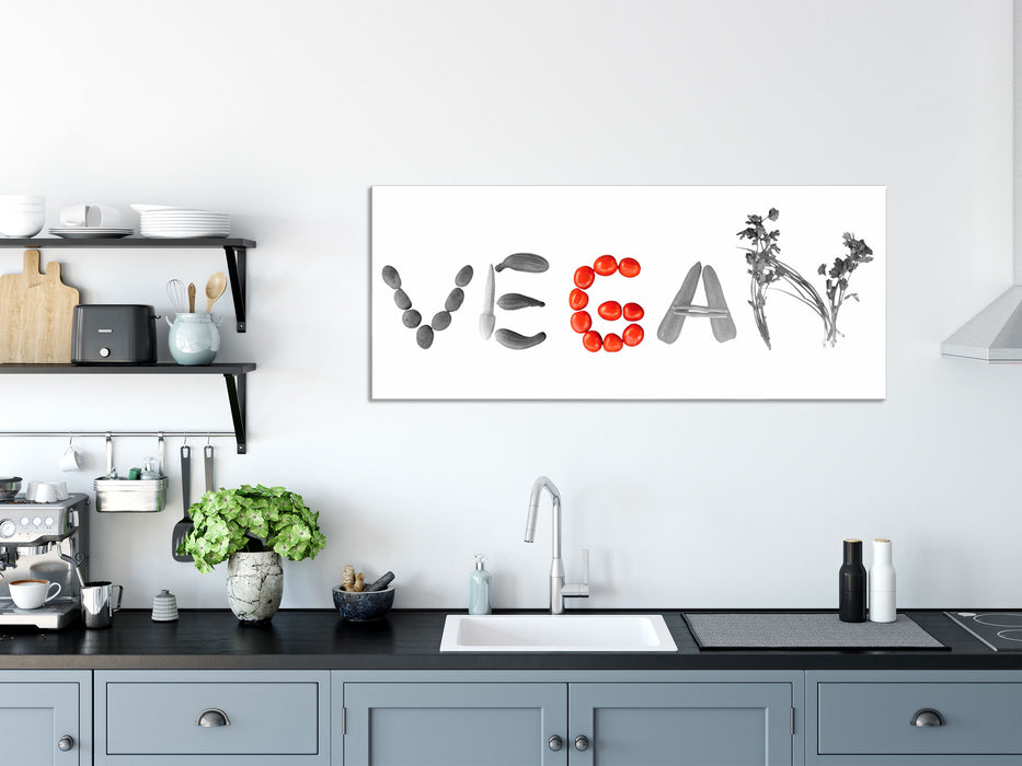 Schriftzug Vegan Gemüse, Glasbild Panorama
