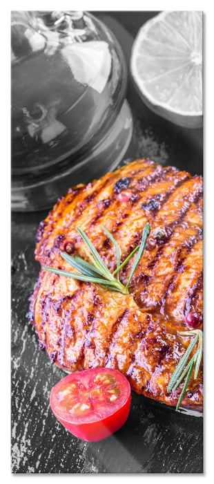 Pixxprint Saftiges Steak mit Tomaten, Glasbild Panorama