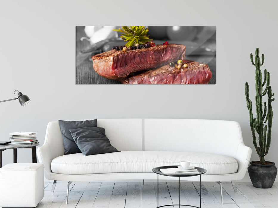 Leckeres Pfeffer Steak Medium, Glasbild Panorama
