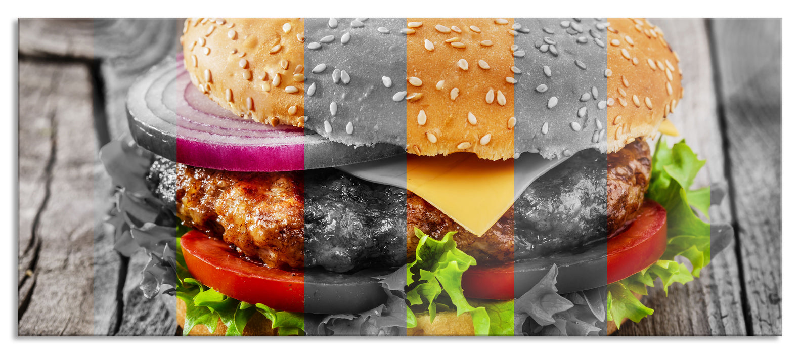 Pixxprint Saftiger Cheeseburger, Glasbild Panorama