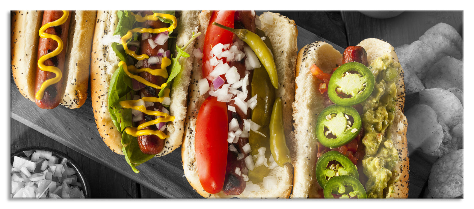 Pixxprint Delikate Hotdogs, Glasbild Panorama