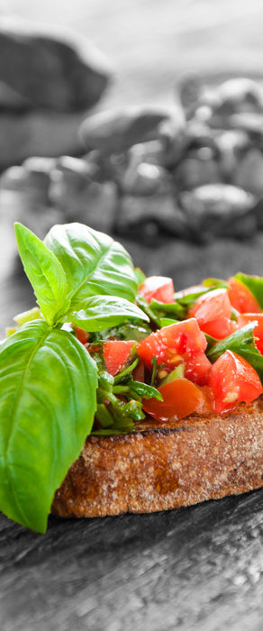 Leckere Tomaten Bruchetta, Glasbild Panorama