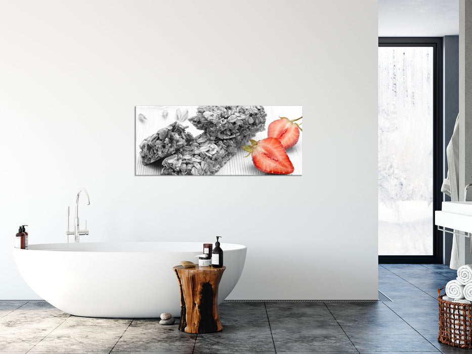 Müsliriegel mit Erdbeere, Glasbild Panorama
