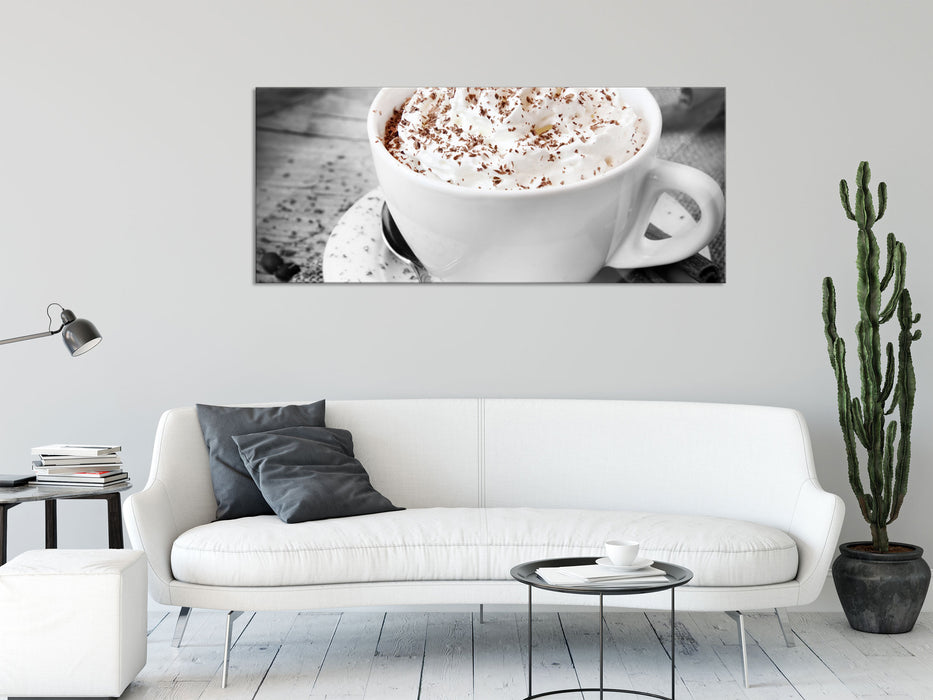 Kaffee mit Sahne und Zimt, Glasbild Panorama