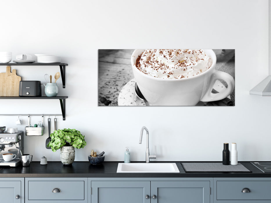 Kaffee mit Sahne und Zimt, Glasbild Panorama