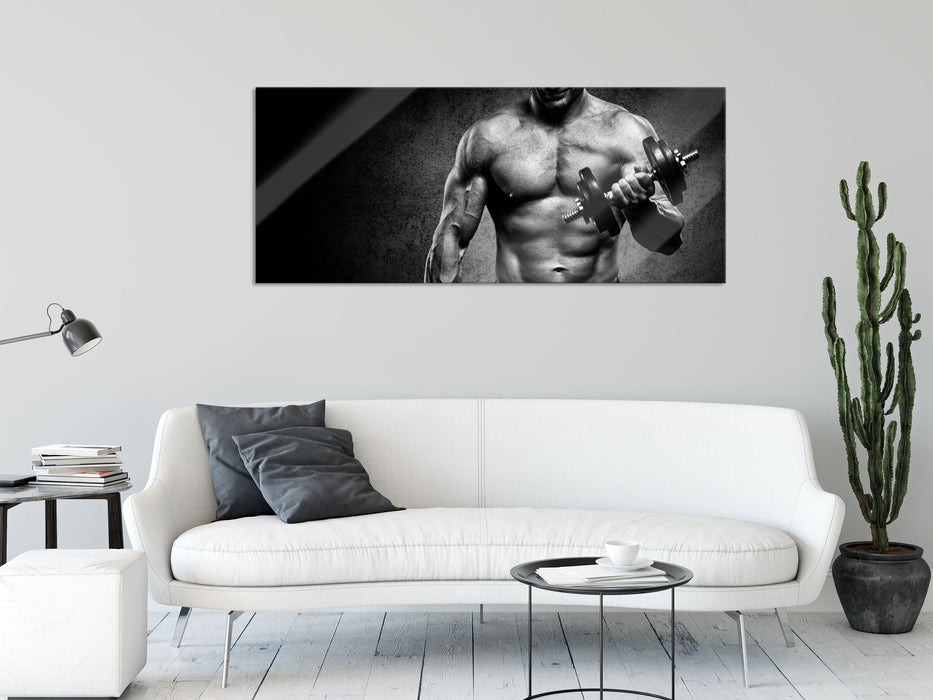 Trainierender Bodybuilder, Glasbild Panorama