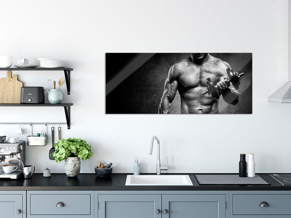 Trainierender Bodybuilder, Glasbild Panorama