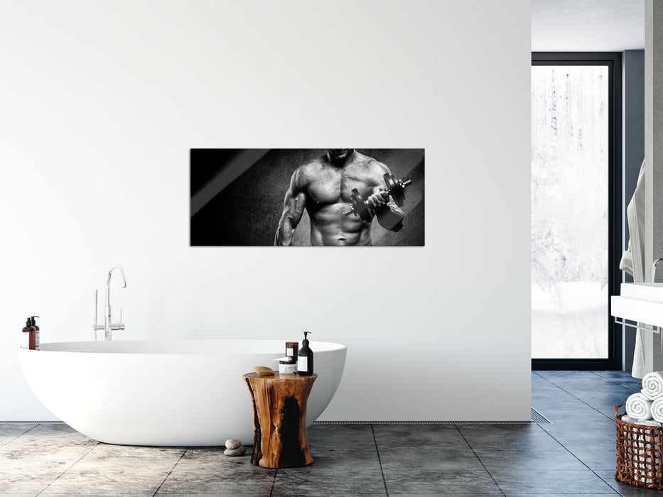 Trainierender Bodybuilder, Glasbild Panorama