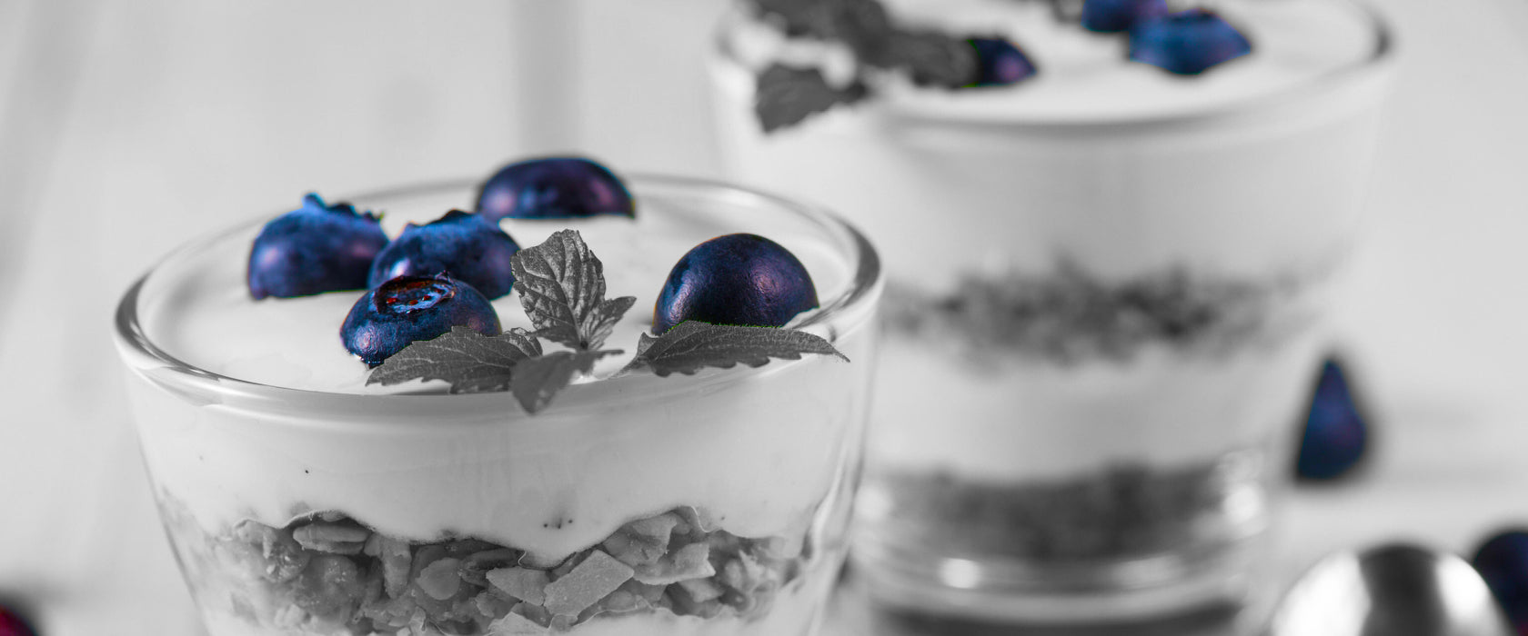 Blaubeerjoghurt mit Müsli, Glasbild Panorama