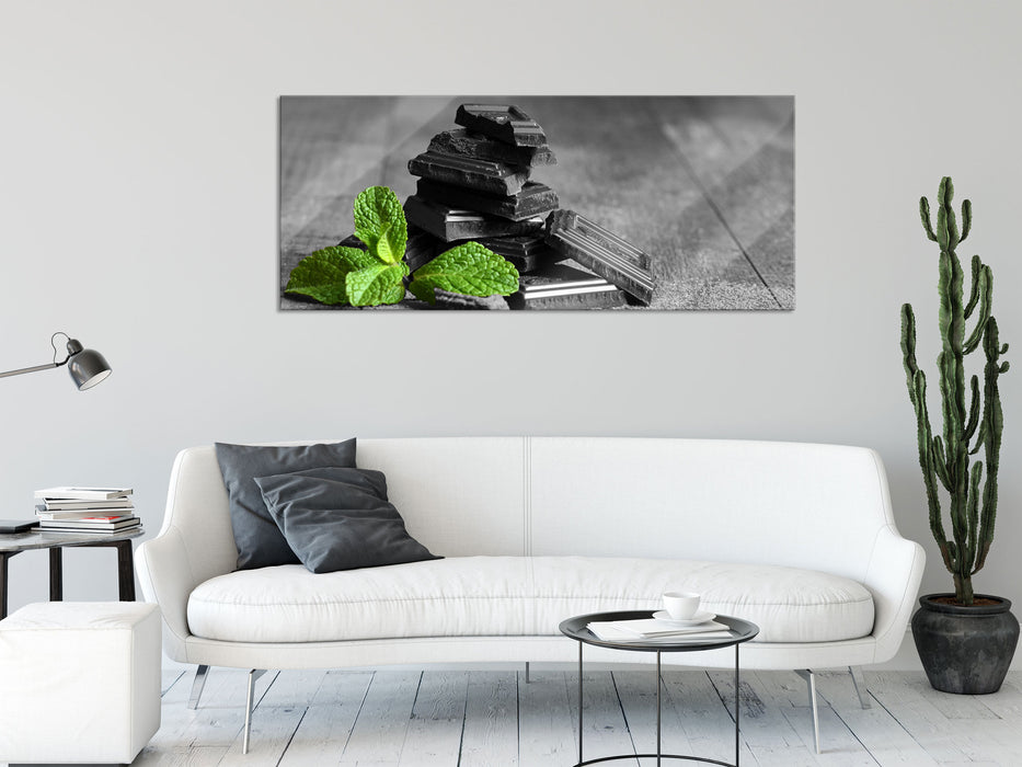 Pfefferminzschokolade in Stücken, Glasbild Panorama