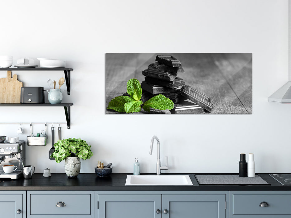 Pfefferminzschokolade in Stücken, Glasbild Panorama