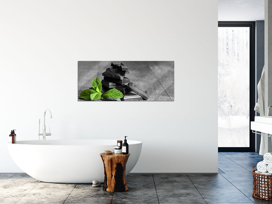 Pfefferminzschokolade in Stücken, Glasbild Panorama