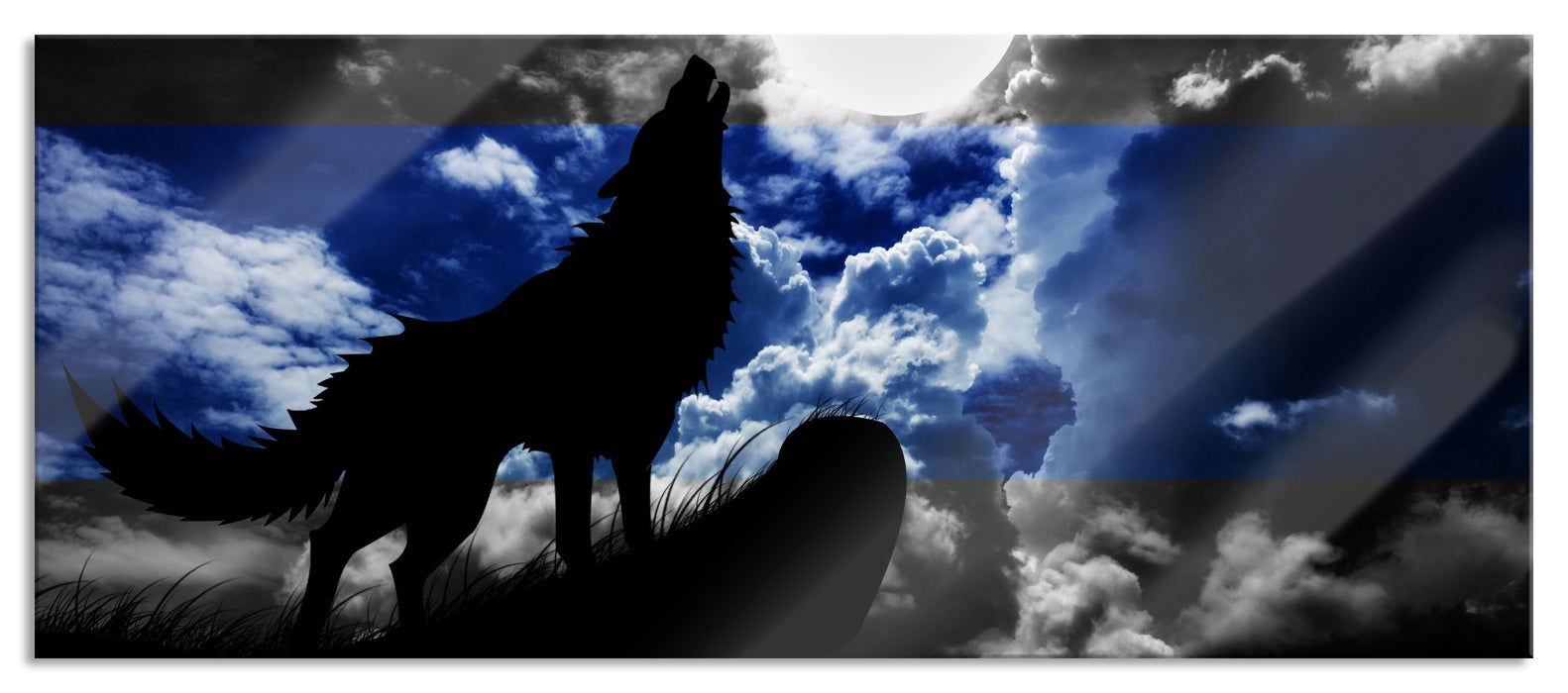 Pixxprint Wolf Silhouette im Vollmond, Glasbild Panorama