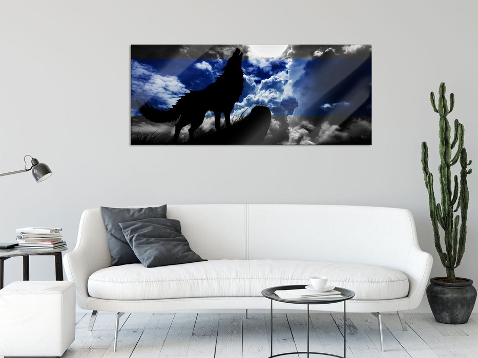 Wolf Silhouette im Vollmond, Glasbild Panorama