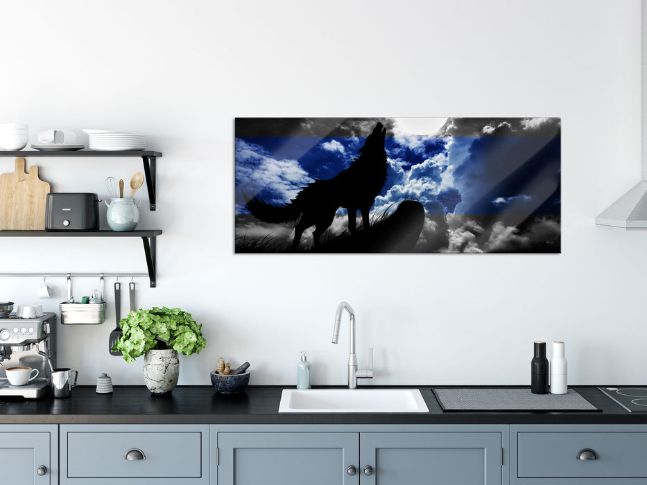 Wolf Silhouette im Vollmond, Glasbild Panorama