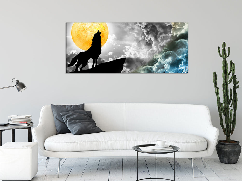 Mystischer Wolf im Vollmond, Glasbild Panorama