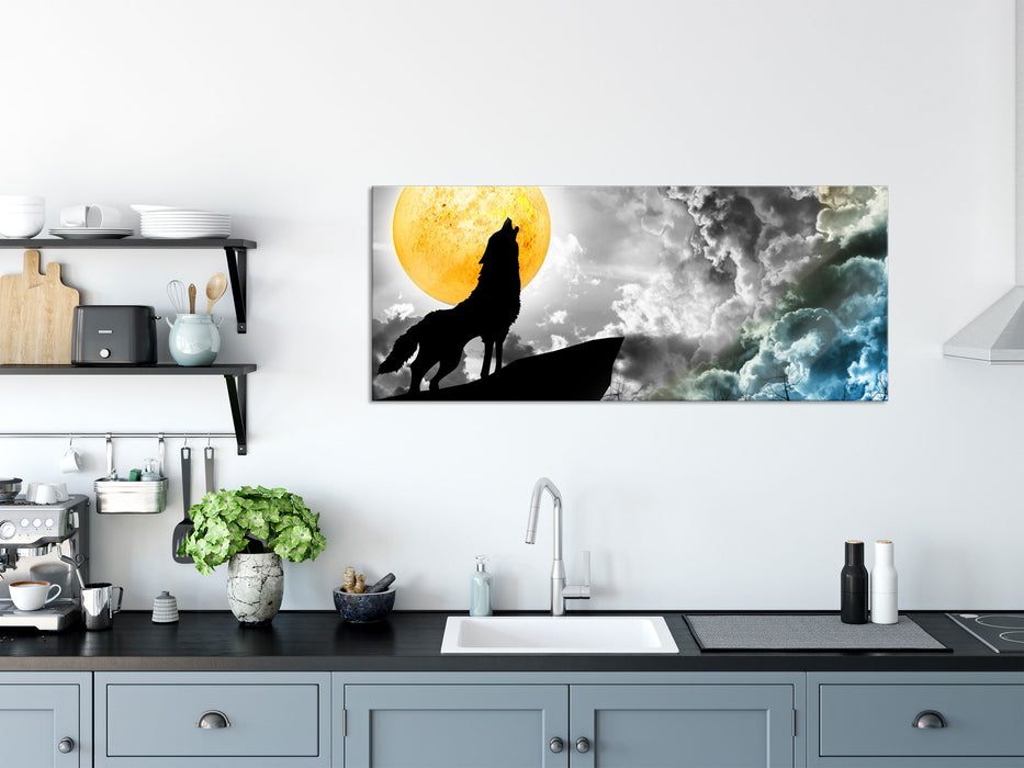 Mystischer Wolf im Vollmond, Glasbild Panorama