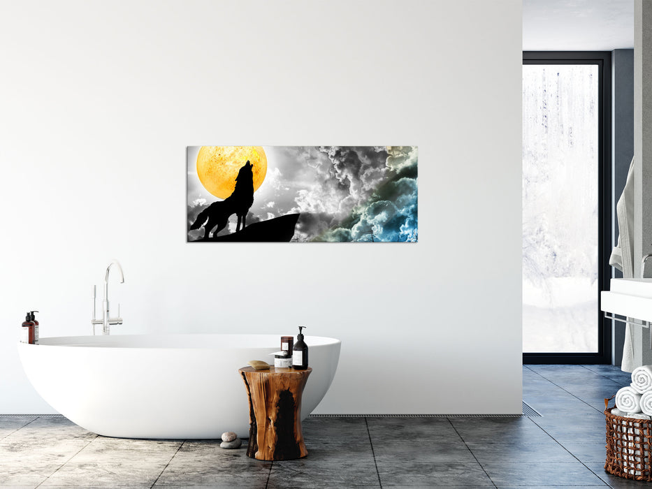 Mystischer Wolf im Vollmond, Glasbild Panorama