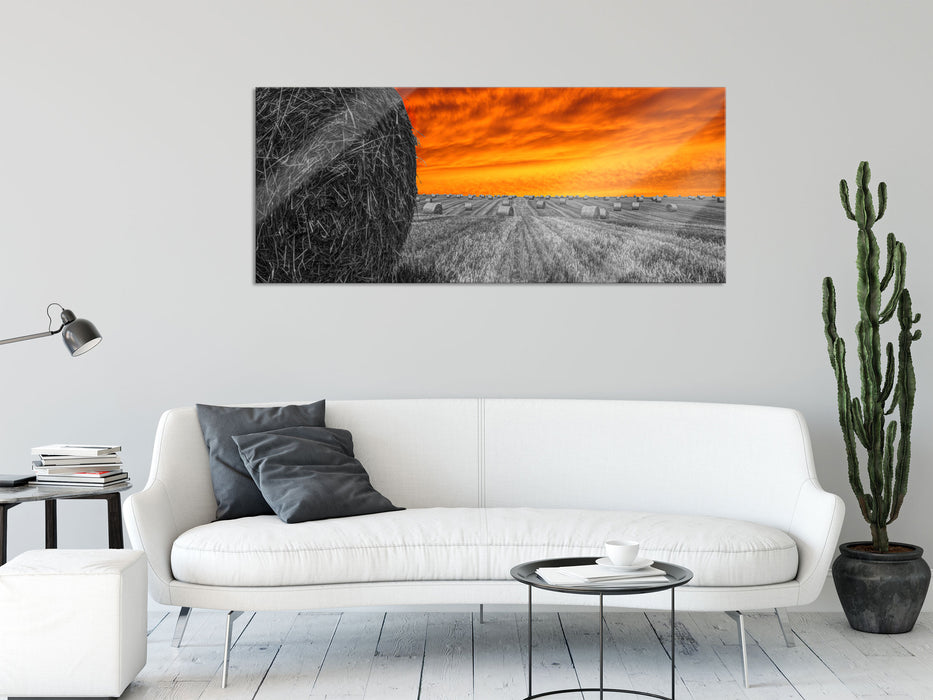 Sonnenuntergang Feldlandschaft, Glasbild Panorama