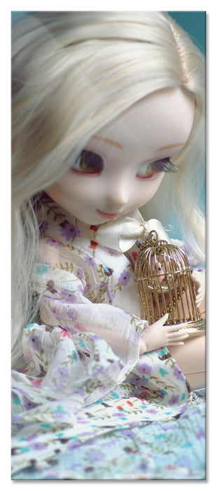 Pixxprint blonde Pullip-Puppe mit Vogelkäfig, Glasbild Panorama