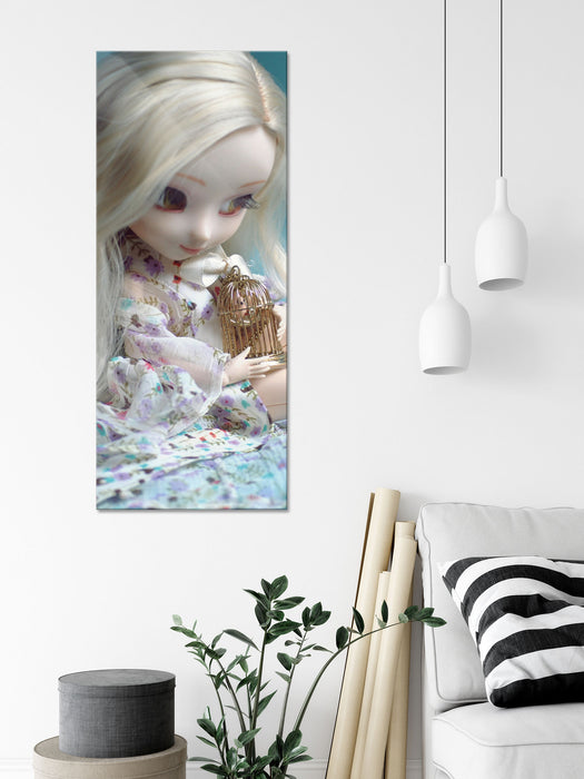 blonde Pullip-Puppe mit Vogelkäfig, Glasbild Panorama