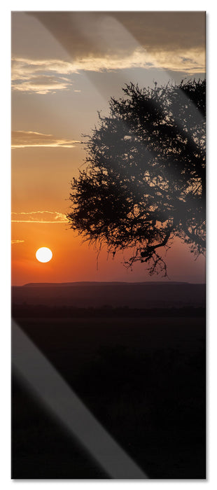 Sonnenaufgang über der Savanne, Glasbild Panorama