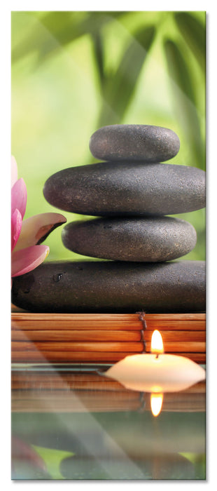 Seerose mit Zen Steinen und Kerzen, Glasbild Panorama