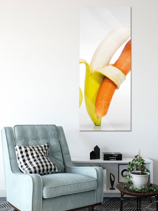 Tanz von Banane und Möhre, Glasbild Panorama