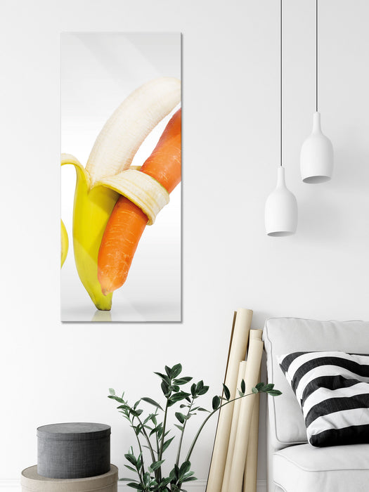 Tanz von Banane und Möhre, Glasbild Panorama